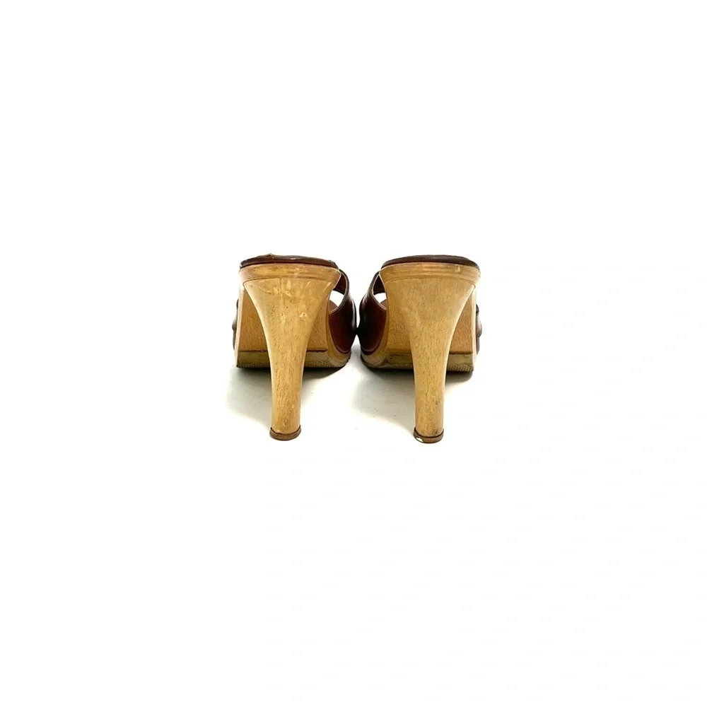 Vintage 1970s brown leather open toe wooden polly style heels